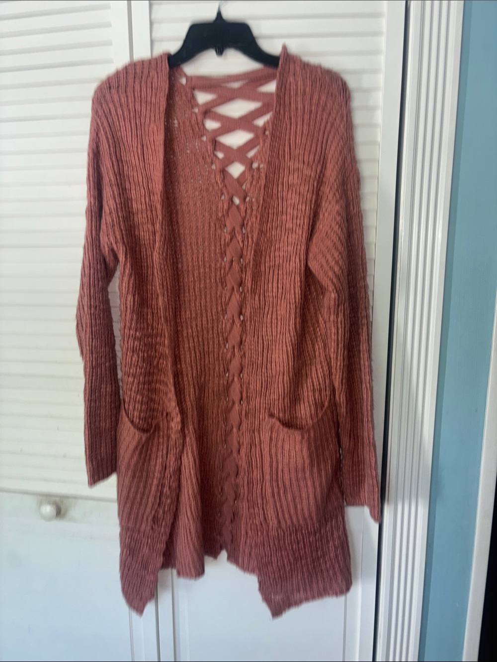 Open-Front Lace-Up Back Long Cardigan Sweater in Dusty Rose